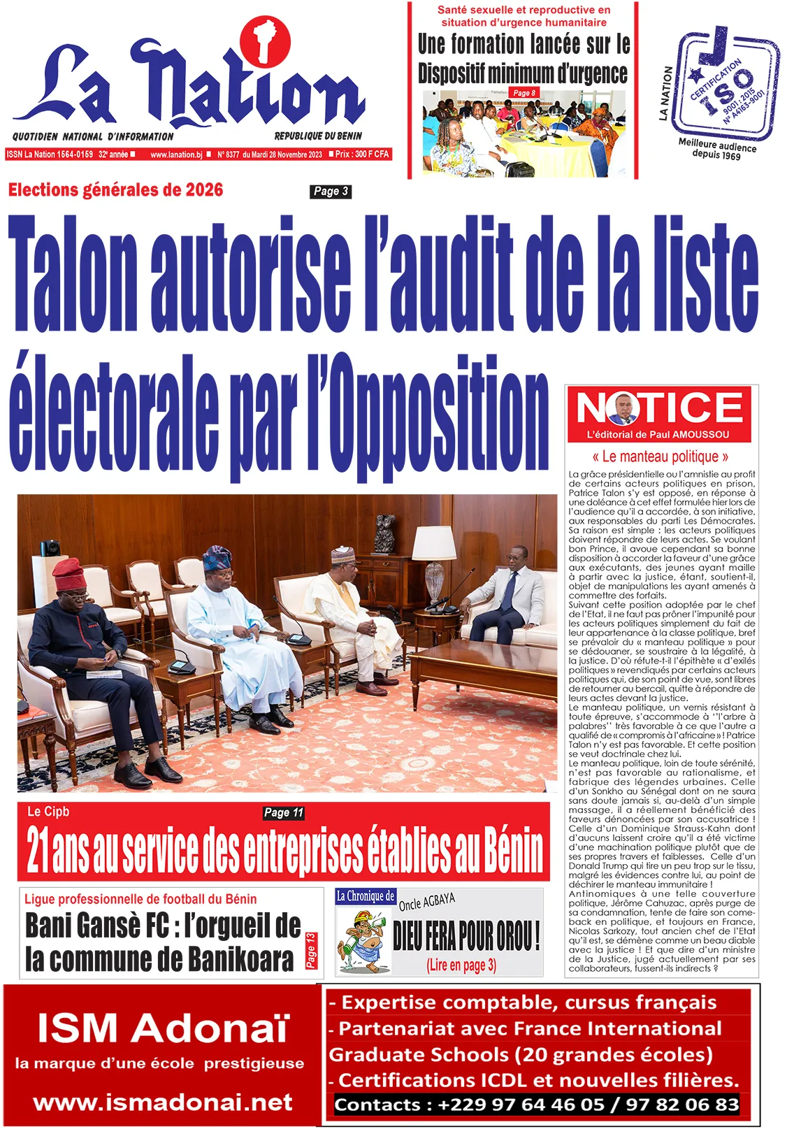 Quotidien ''La Nation'' du 28 Novembre 2023