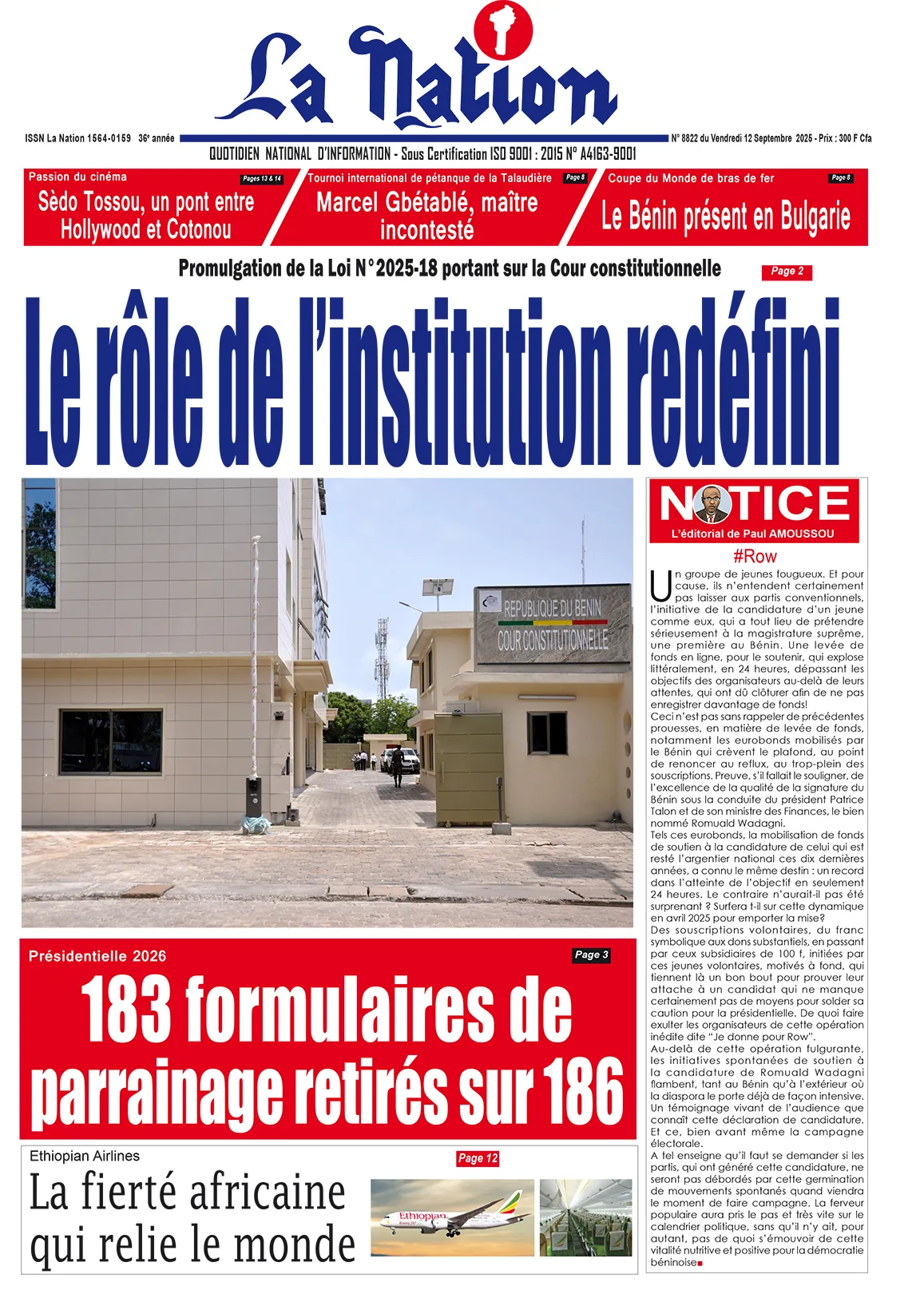 Quotidien '' La Nation'' du 12 Septembre 2025