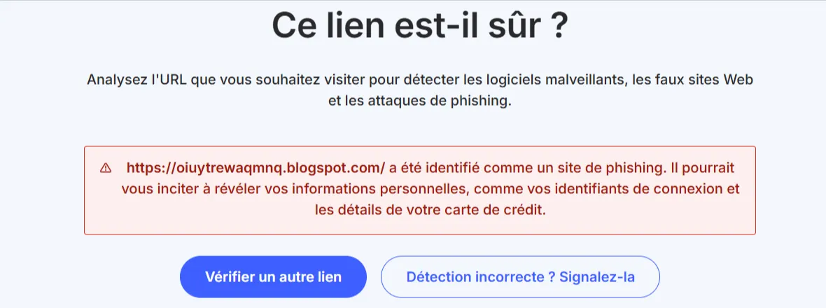 Capture d’écran des conclusions de l’analyse du lien  sur la plateforme NordVPN